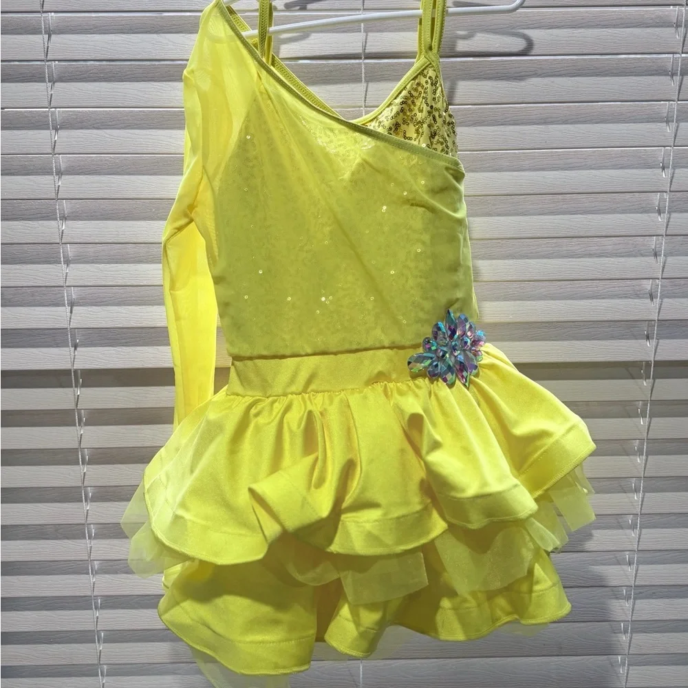 Weissman Yellow Ruffle Dance Dress with Asymmetric Sleeve